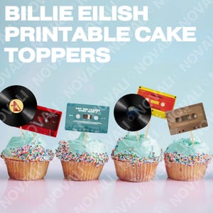 Adorno para tarta de Billie Eilish, descarga digital, imprimible, pegatinas, casete, vinilo, CD, fiesta de cumpleaños, cupcakes.