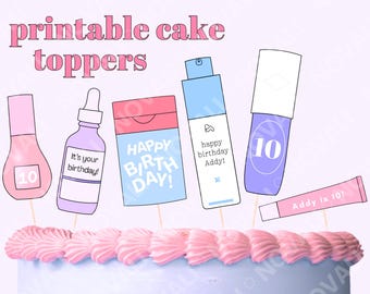 Skincare Custom Name Age Cake Toppers Digital Download Printable Personalisable Decoration Preppy Sephora Cupcake Birthday Party Pink Purple