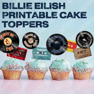 Billie Eilish aangepaste naam gepersonaliseerde taarttopper digitale download afdrukbare taartdecoratie stickers cassette vinyl verjaardagsfeestje cupcake