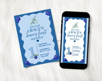 Berry First Birthday Invitation, Blueberry Birthday Invite, Printable Gender Neutral 1st Birthday, Berry Sweet One, Berry First Blueberry