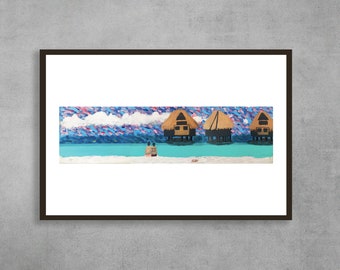 Honeymoon Art Print: Beach Bungalows, Acrylic Painting (12x18)