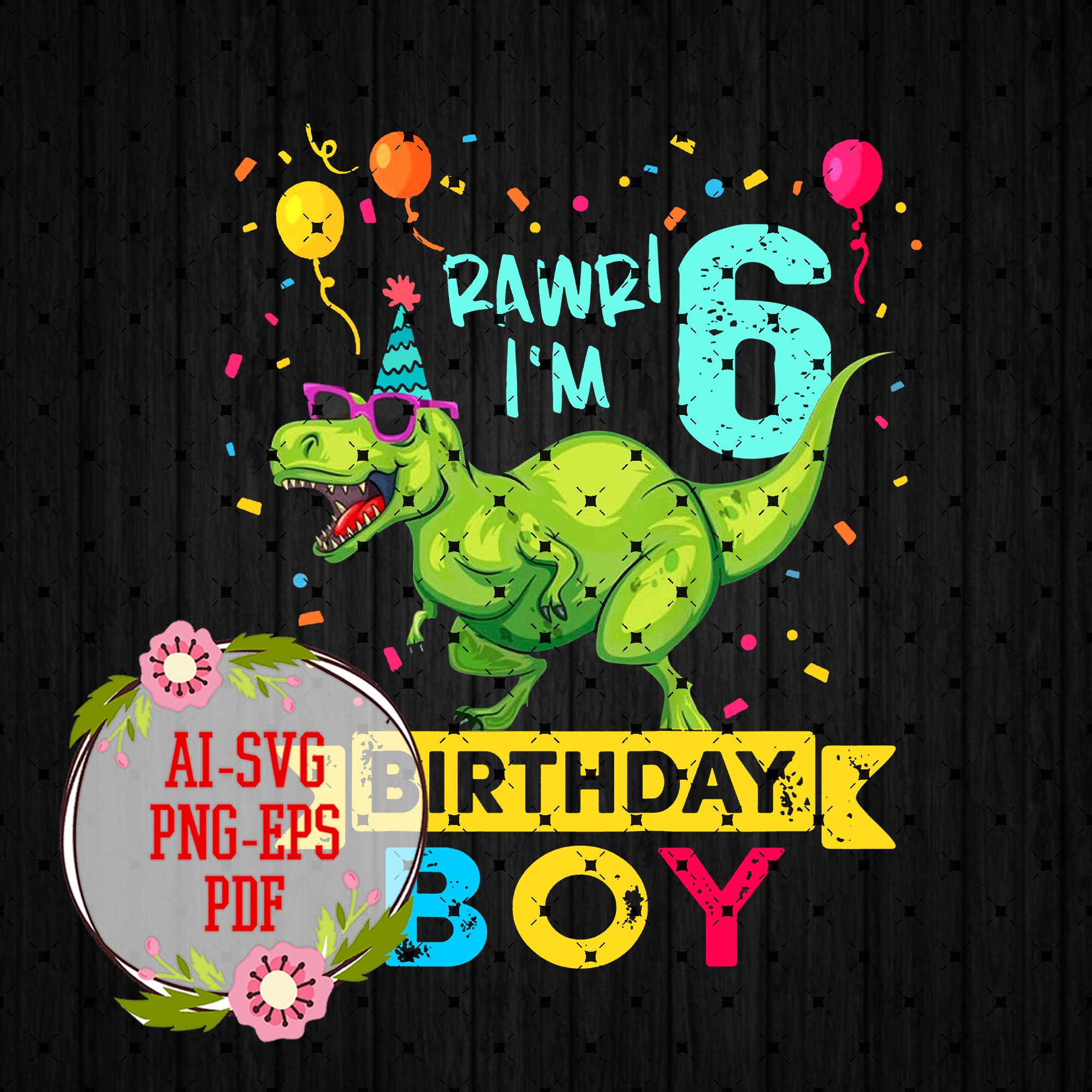 Download Kids 6 Year Old svg 6th Birthday Boy T Rex Dinosaur ...