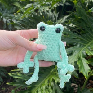 May include: A small, green crocheted frog with black eyes. The frog is sitting on a person's hand.