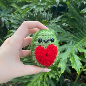 Handmade Crochet Mini Avocado Plushie Stuffed Animal with Heart Pit “Love Avocado” (with Optional Keychain)
