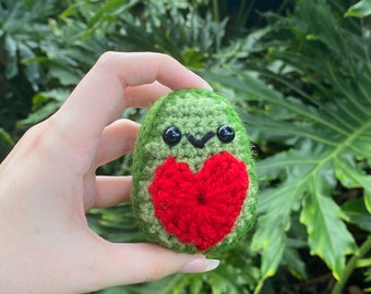 Handmade Crochet Mini Avocado Plushie Stuffed Animal with Heart Pit “Love Avocado” (with Optional Keychain)