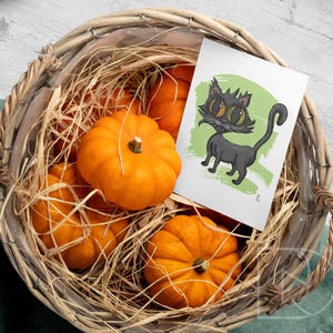 Cute Black Cat Print | Halloween Black Cat Mini Art Print | Poster Cat Lover Gift | Halloween Postcard Creepy Art Print | SPOOKY