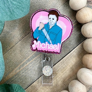 Mike Myers inspired badge reel, Horror movie character ID holder, scary film character Retractable and interchangeable badge clip