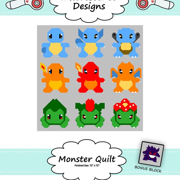 Monster Quilt Block Collection #1 PDF: Includes instructions for a 24" finished block