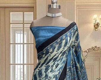 Blue Ajrakh hand block printed pure gajji silk saree with running blouse piece