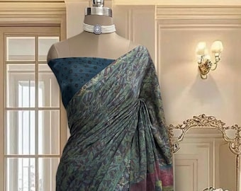 Muted blue-green tussar modal Silk Saree with blouse piece, Hand Block Printed Floral Motifs, Natural Dyes, Tissue Pallu