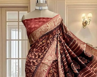 Pure Dola silk Saree with paisley motifs, hand block printed saree, includes blouse piece
