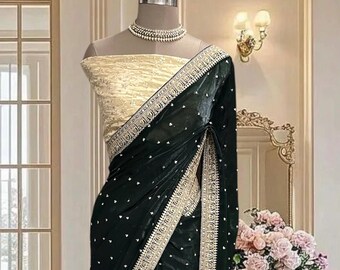Bottle Green Organza Silk Saree, Zari Butti, Beige-Gold Blouse Piece