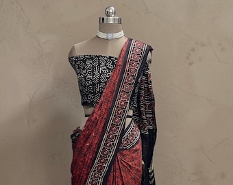 Red Ajrakh hand block printed pure gajji silk saree with running blouse piece