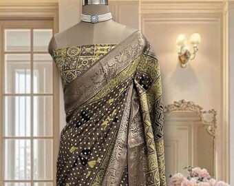 Brown polka dot Dola silk Saree, hand block printed saree, includes contrast blouse piece