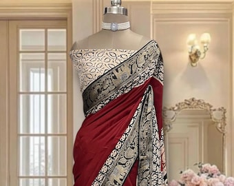 Red pure Dola silk Saree, hand block printed, includes contrast blouse piece