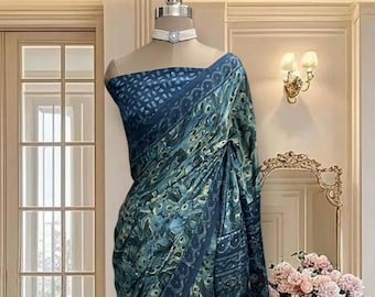 Peacock Blue Gajji Silk Hand Block Print Saree, Zari Tissue Pallu, Natural Dyes