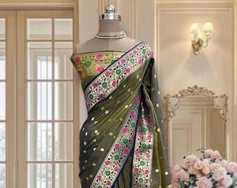 Dual tone soft silk saree with running blouse piece and multi colored border
