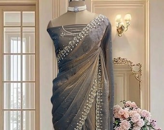 Greyish blue double tone Shimmer Georgette Saree: Mirror & Cutdana Work, includes a running blouse piece