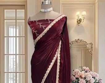 Deep maroon organza silk Saree with delicate border and embroidered blouse piece