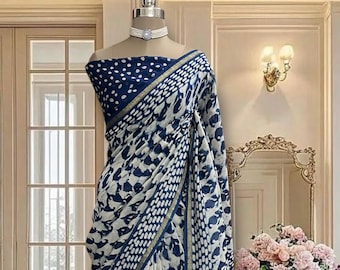 Indigo blue hand block printed Chanderi silk saree, includes blouse piece