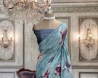 Organza blend floral printed blue saree with running blouse piece