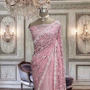 Pink Lace Saree Etsy