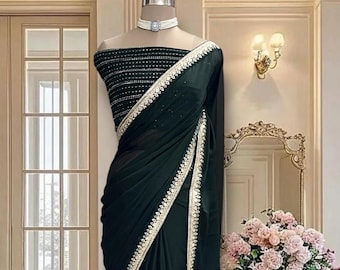 Bottle Green Satin Georgette Saree, Party Wear, unstitched blouse piece