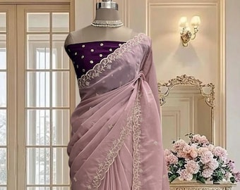 Powder pink organza Saree, Gold Scalloped Border, includes unstitched contrast plum purple blouse piece