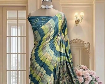 Striped Modal Silk Saree, Hand Block Printed Motifs, Natural Dyes, Tissue Pallu