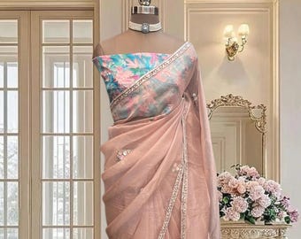 Peach Pink Organza Saree, Sequins Embroidery, Printed Blouse