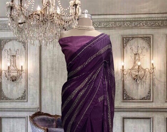 Deep Raisin Color Beautiful Light Mauve Georgette Saree With Sequins and Floral Thread ...