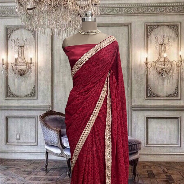 Beau sari en georgette rouge foncé- bordeaux avec fil et pièce de chemisier en satin