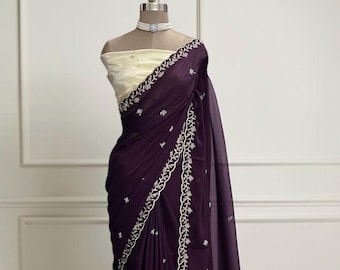 Deep wine- purple satin georgette saree, gold scalloped border, includes unstitched Blouse