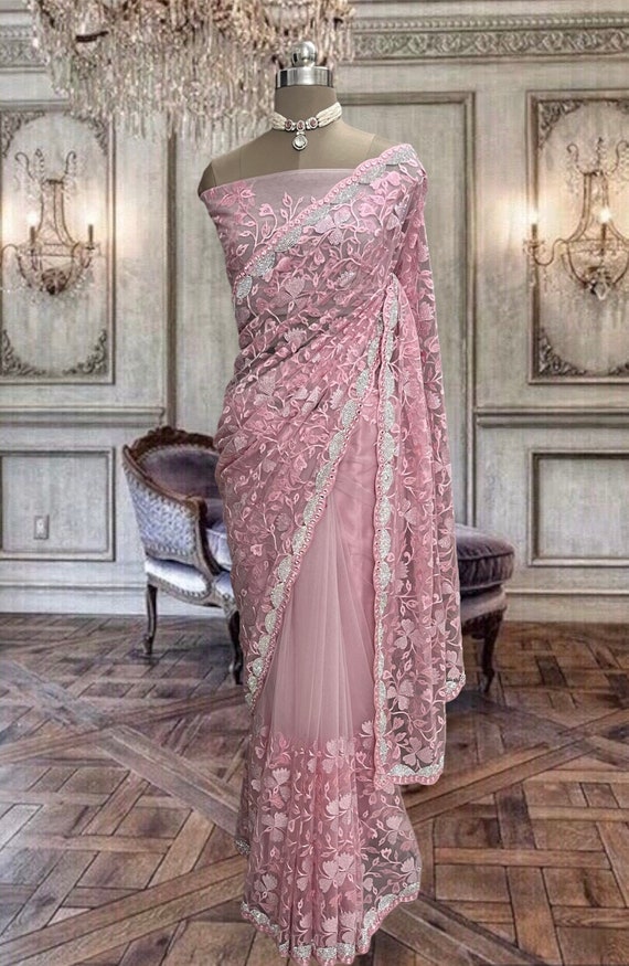 Pastel Pink Net Saree With Thread and Stone Work and Running Blouse Piece -  Etsy
