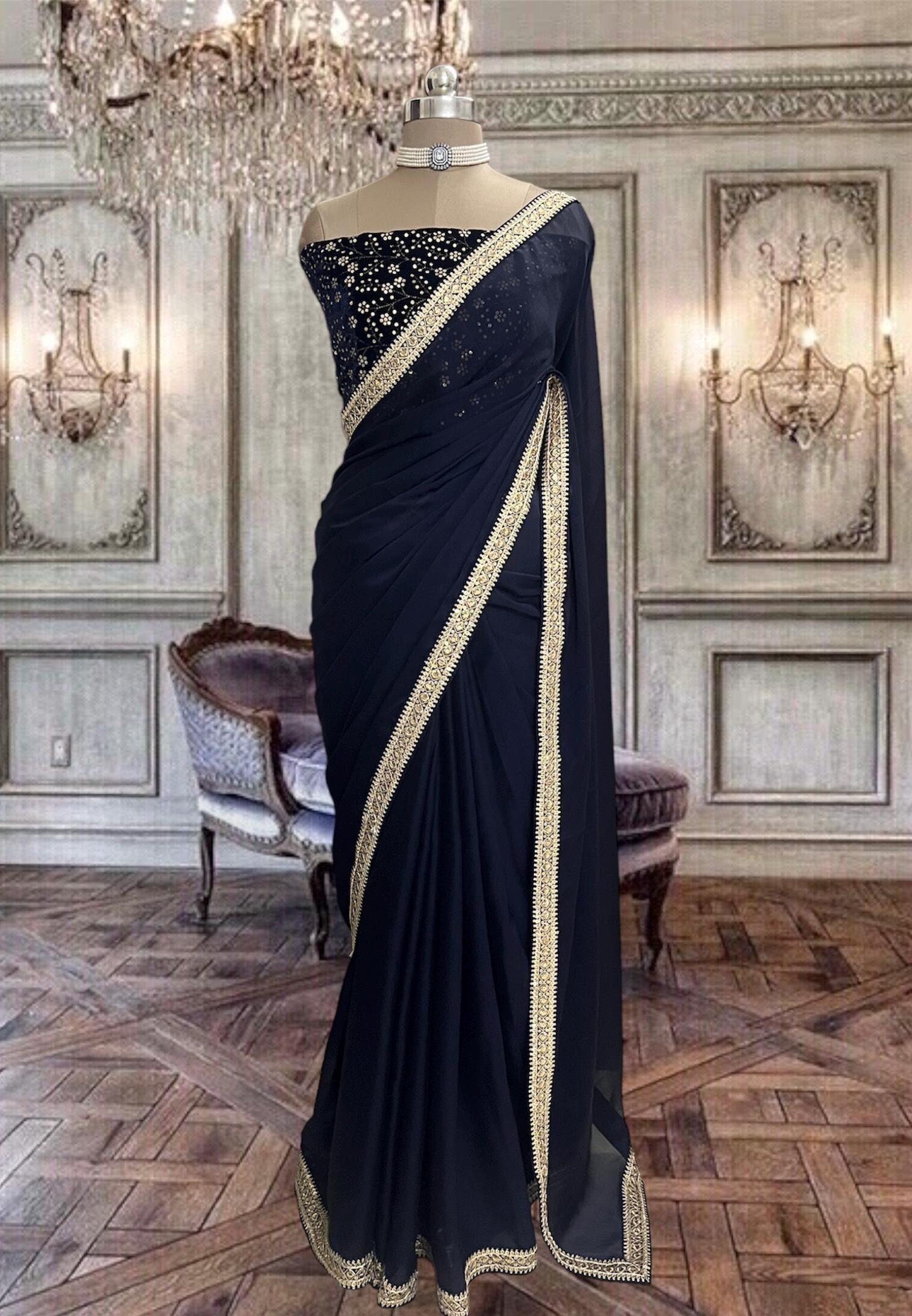 Blue Georgette Saree Etsy