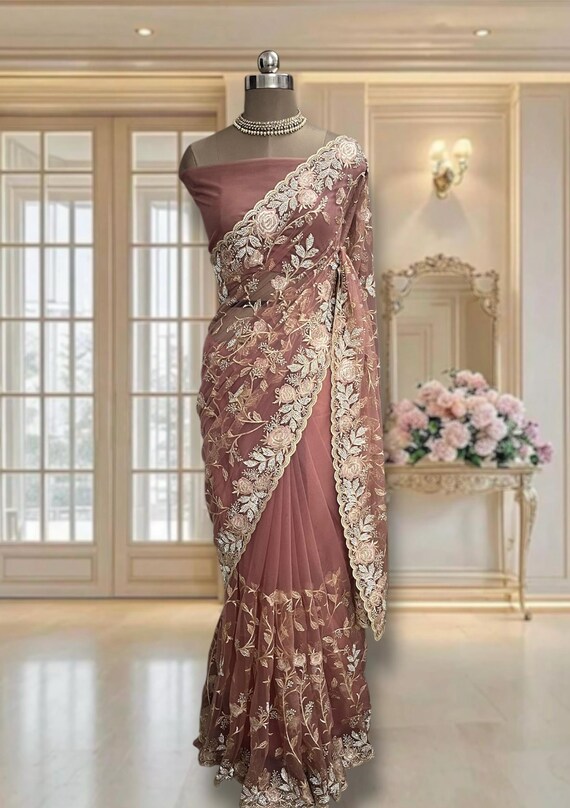 Mauve Net Saree: Gold Zari Stone Work Running Blouse Piece