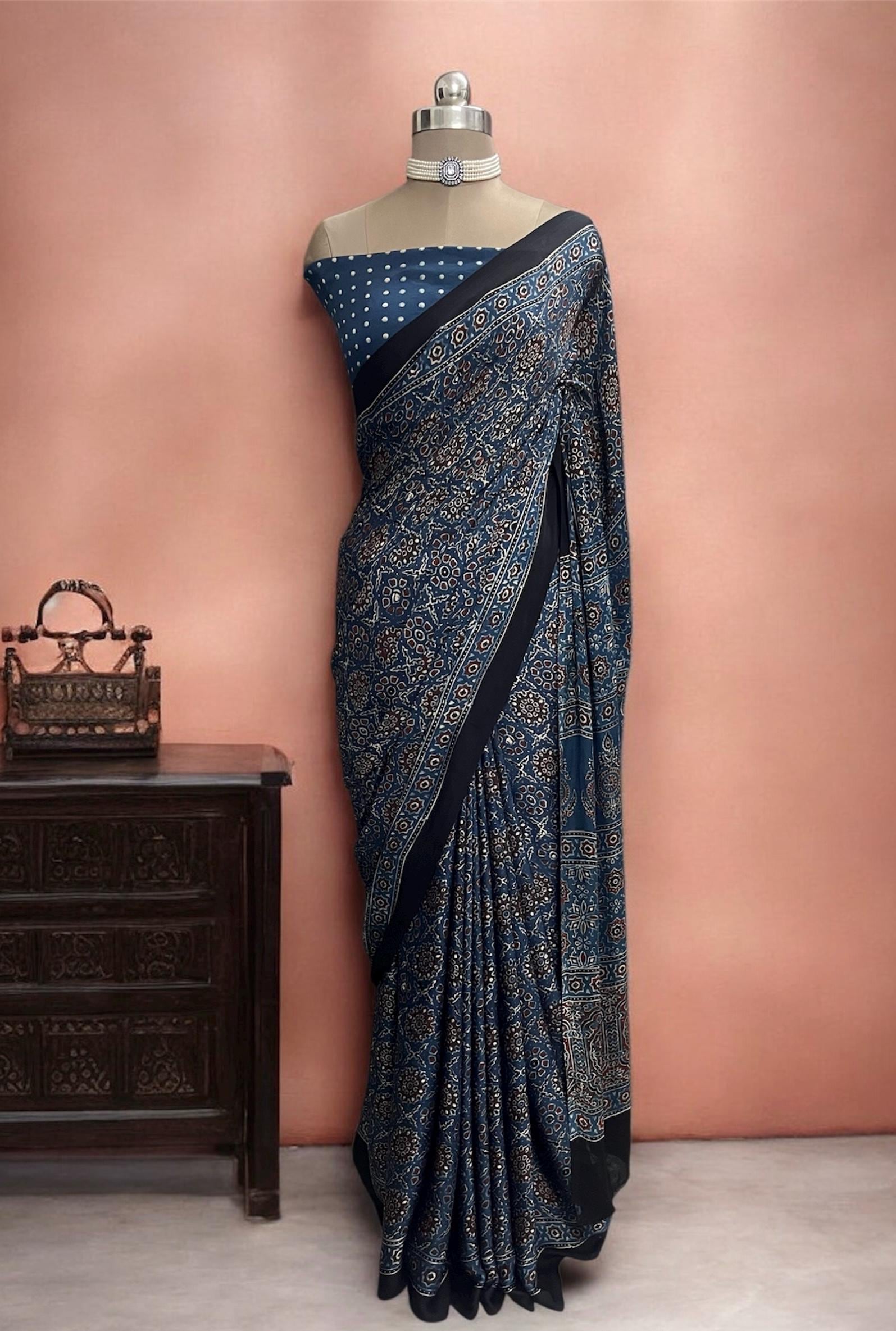 Blue Ajrakh hand block printed pure modal silk saree with running blouse piece