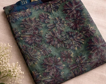 Muted Sage Modal Silk Saree, Hand Block Printed Floral Motifs, Natural Dyes, Tissue Pallu