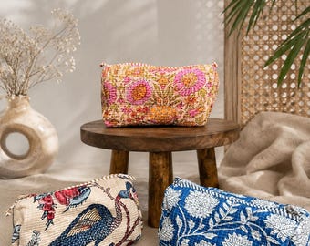 Handmade quilted cosmetic pouches, handblock printed toiletry bag, make up pouch set of 3