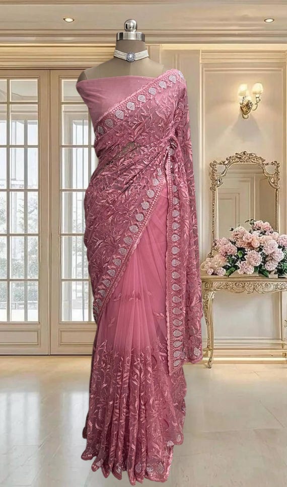 white christmas dresses Grey Premium Designer Net Saree main image 1