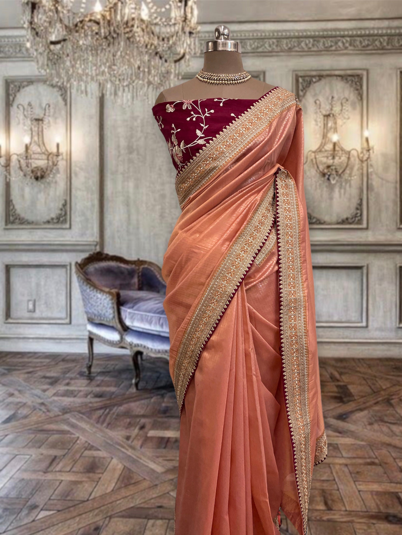 Buy Peach Tissue Organza Saree With Contrast Maroon Blouse Piece Online in  India - Etsy