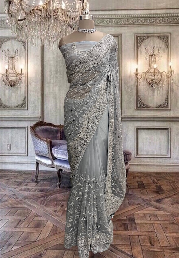 Beautiful Light Grey Net Saree With Glitter and Kundan Work and Running  Blouse Piece -  Norway