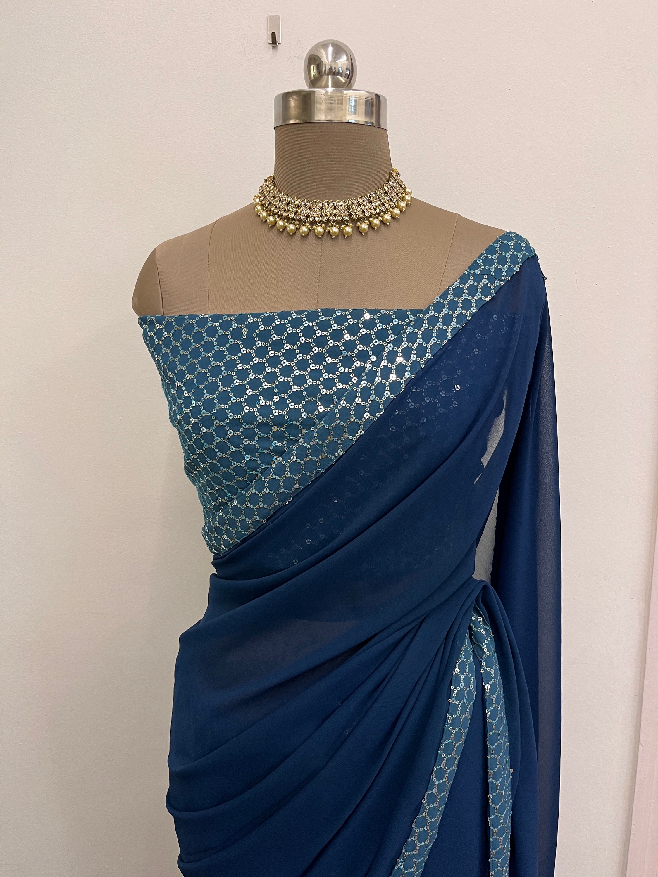 Capital Blue Georgette Saree With Sequins Work Blouse Piece