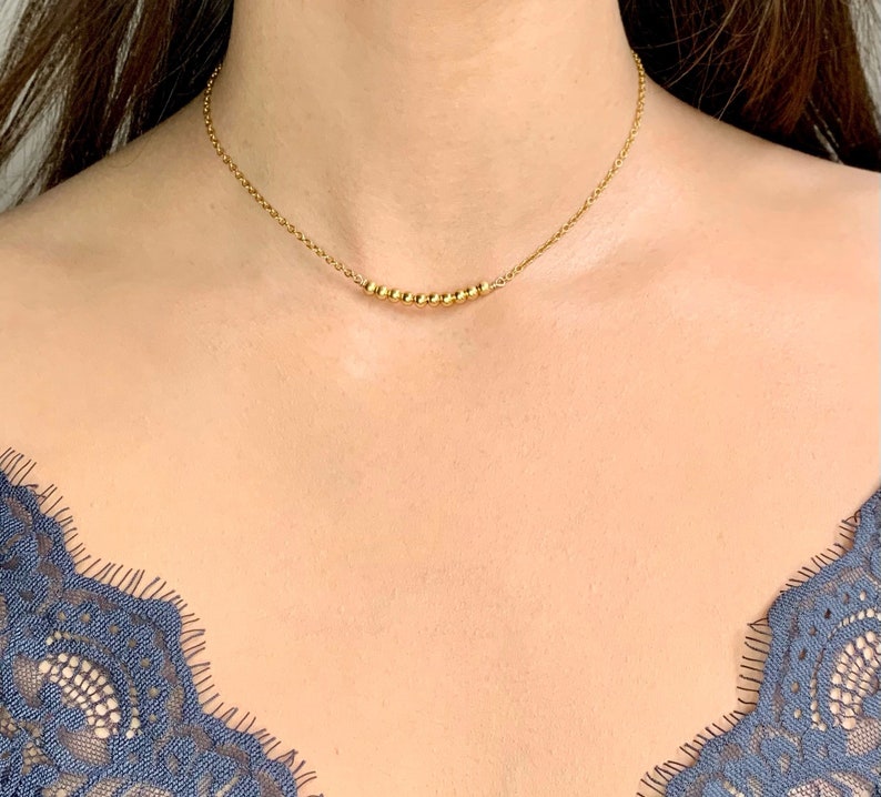 Women/'s Simple Gold Necklace Minimalist Gold Beaded Bar Necklace Stainless Steel Minimalist Beaded Choker Gold Non Tarnish Necklace