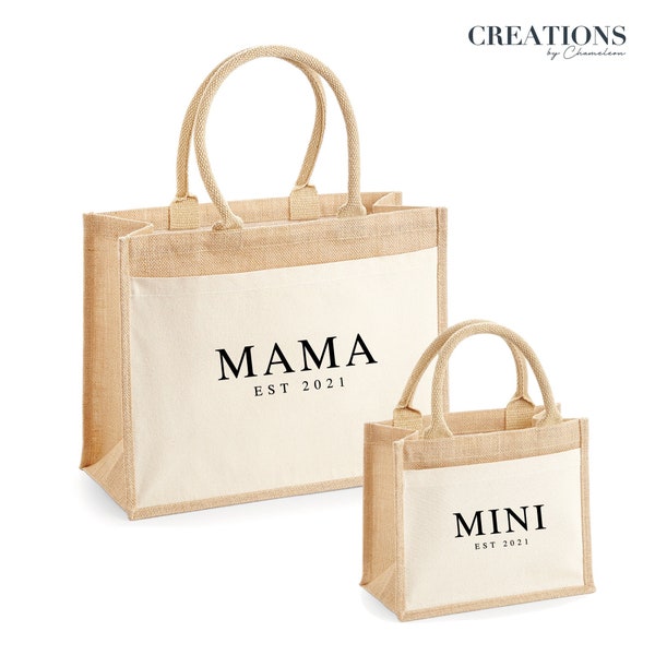 PERSONALISED Mama & Mini Established Date Printed Cotton Matching Jute Bag GiftSet, Personalised Mothers Day Bag Gift Set, Mum and Daughter