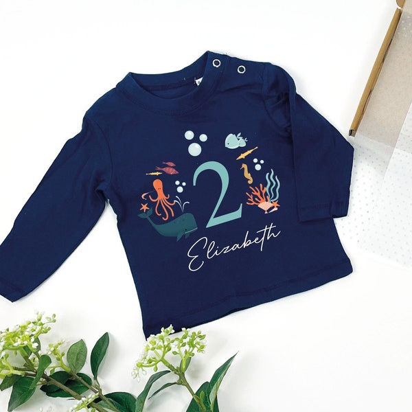 PERSONALISED Birthday Ocean Theme Underwater Sea Animals Printed Toddler T-shirt, 1st 2nd 3rd Birthday Tshirt, Kids T-shirt for birthday