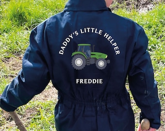 PERSONALISED Kids Tractor Daddys Little Helper Navy Overalls Boilersuit Puddlesuit Birthday Gift,Kids Embroidered Tractor Overall all in one