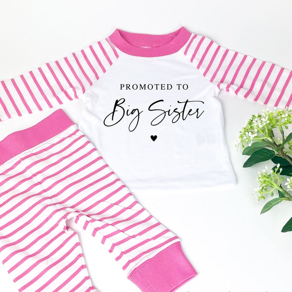 Promoted to Big Sister Pink and White Striped Pyjamas, Big Sister to be Toddler Pyjamas, Big Sibling Gift, Big Sister Reveal Announcement,