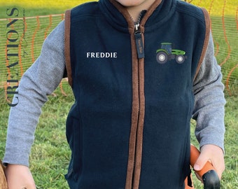 PERSONALISED Embroidered Kids Tractor Farmer Navy Country Fleece Gilet Bodywarmer Birthday Gift, Kids Navy Spring Farm Tractor Theme Gilet