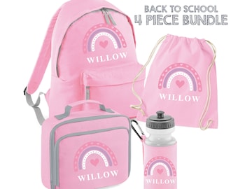 PERSONALISED Pink Girls Rainbow with name Back to School 4 PIECE Bundle Junior backpack Lunch Bag Water Bottle P.E Drawstring Bag, Rainbow